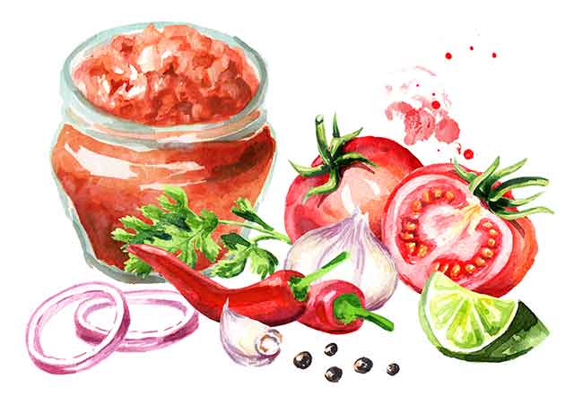 Illustration of Salsa Sauce In a Glass Jar Next To Ingredients.