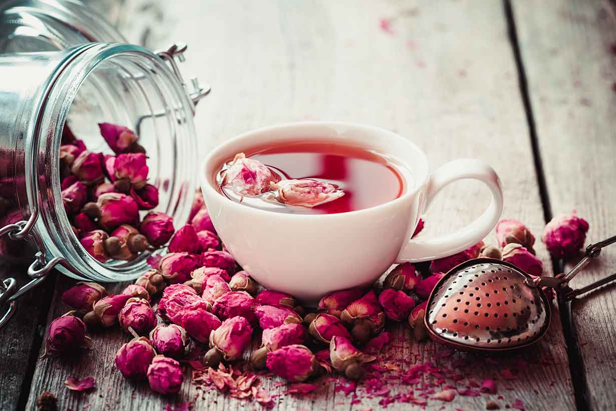 Cup of Rose Tea Next To Rosebuds.