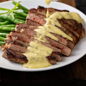 Cooked steak topped with bearnaise sauce.