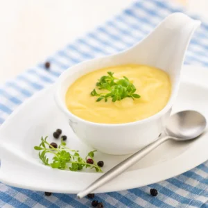 Hollandaise sauce in a white gravy boat.