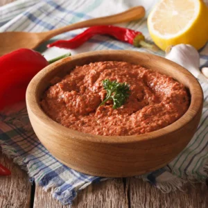 Muhammara in a brown wooden bowl next to chili peppers.