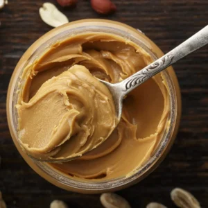 An open jar of peanut butter with a metal spoon in it.