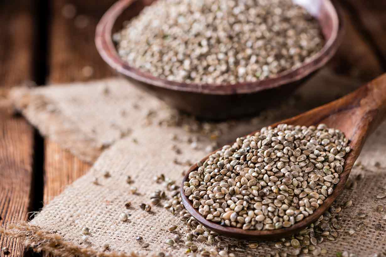 Hemp Seeds On a Wooden Spoon.