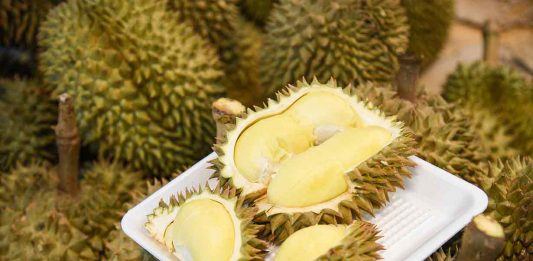 Sliced Open Durian Fruit With Yellow Flesh Showing.