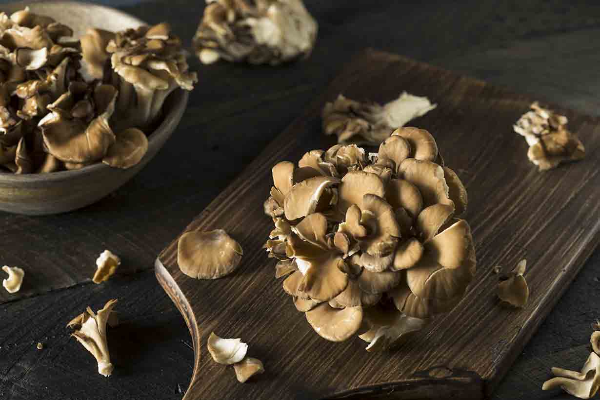 Maitake Mushrooms On a Wooden Board.