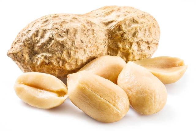 Peanuts Without Their Shell Next To Large Peanut Shell.