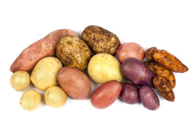 Different Varieties of Potatos With Varying Colors and Shapes.