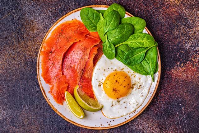 A Ketogenic Diet Meal Featuring Smoked Salmon, Fried Egg, and Leafy Greens.