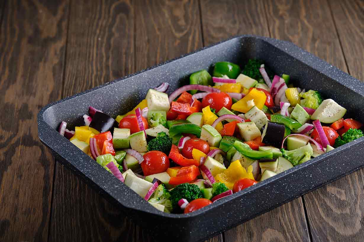 A variety of Raw Vegetables On a Cooking (Oven) Tray.