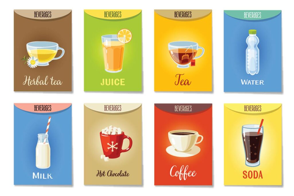 Images of Different Types of Drinks (Tea, Coffee, Juice, Hot Chocolate)