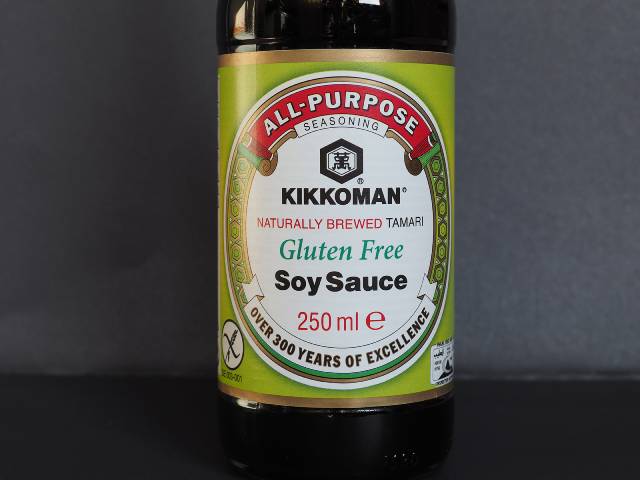 Bottle of Kikkoman Gluten-Free Tamari Soy Sauce.