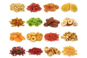 Numerous types of dried fruit.