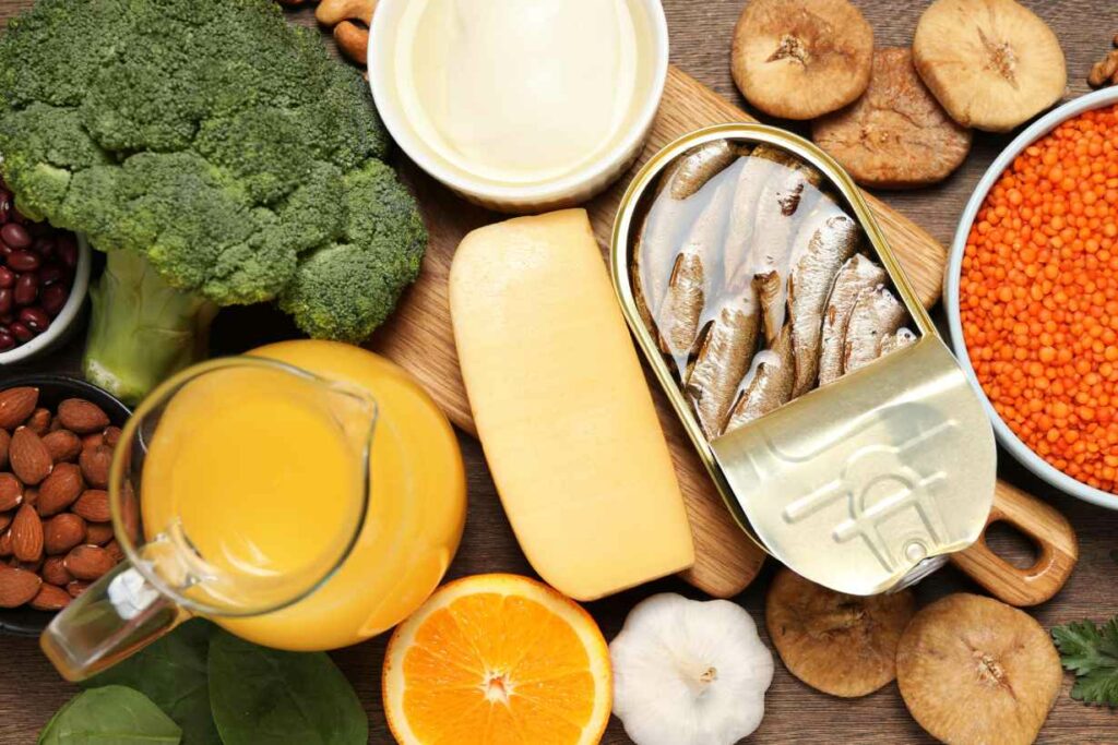 Various foods that are high in calcium: fortified orange juice, broccoli, milk, cheese, etc.