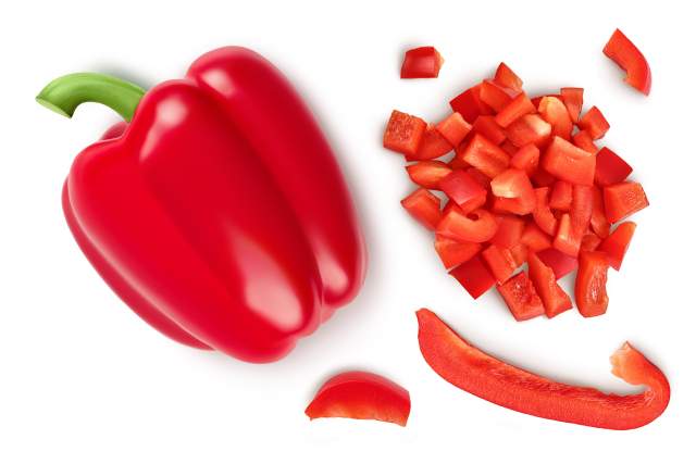 Whole, sliced, and chopped red bell pepper.