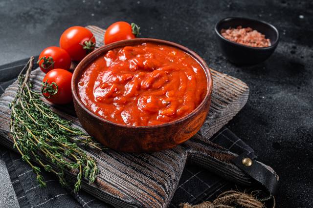 A bowl of tomato passata near whole tomatoes.