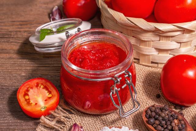 Tomato jam in a glass jar.