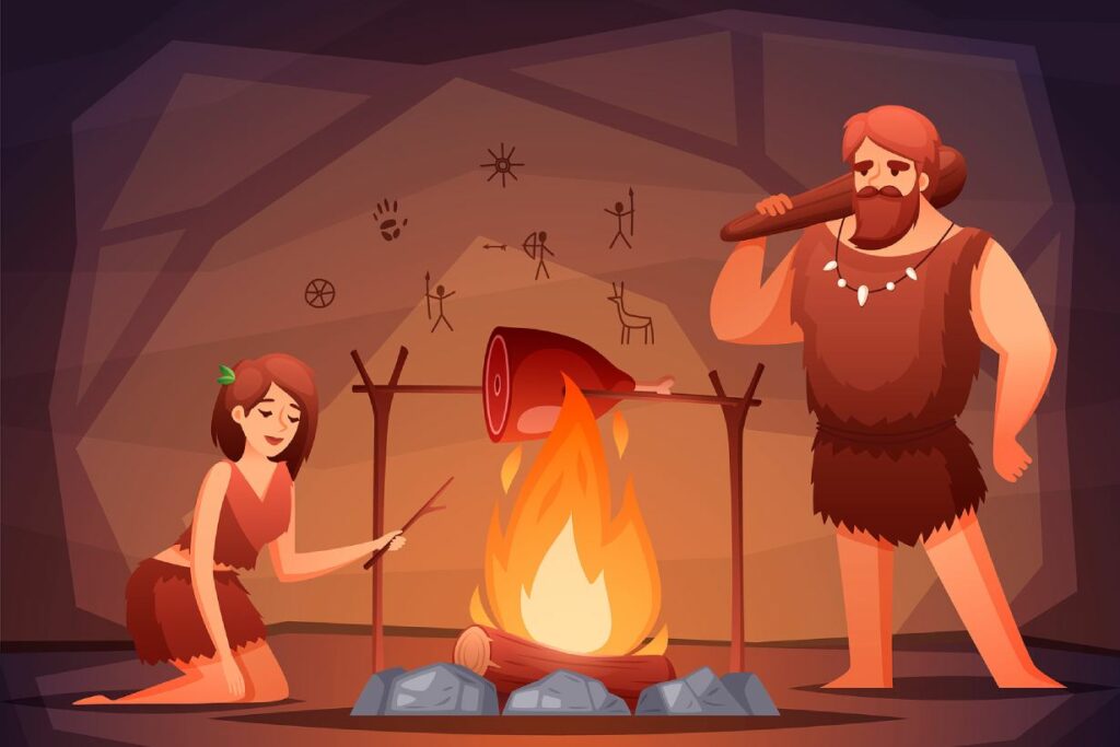 A caveman cooking meat on an open fire.