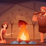 A caveman cooking meat on an open fire.