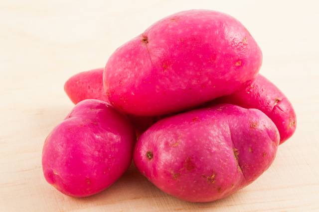 Four red ulluco tubers on a wooden surface.