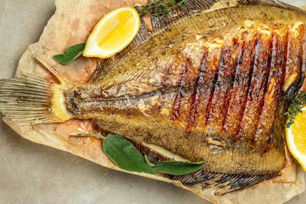 A cooked flounder fillet on a plate.