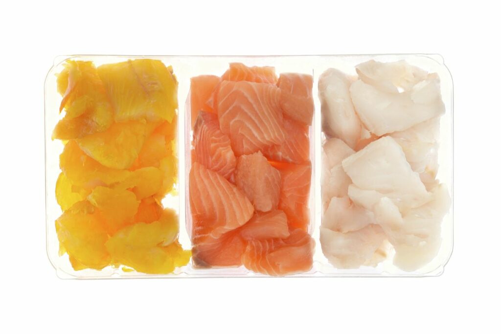 Several Varieties of Protein-Rich Fish: Haddock, Salmon, and Cod.