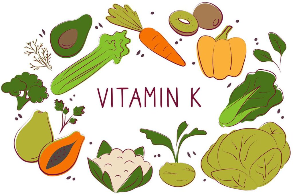 Various foods high in vitamin K1 (phylloquinone).