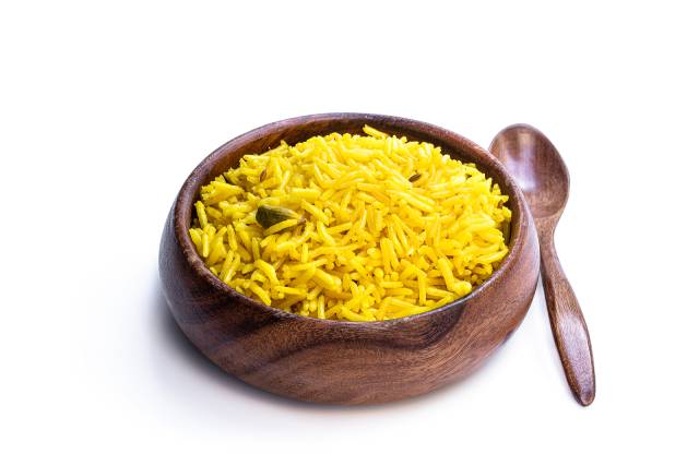 Yellow pilau rice in a bowl.