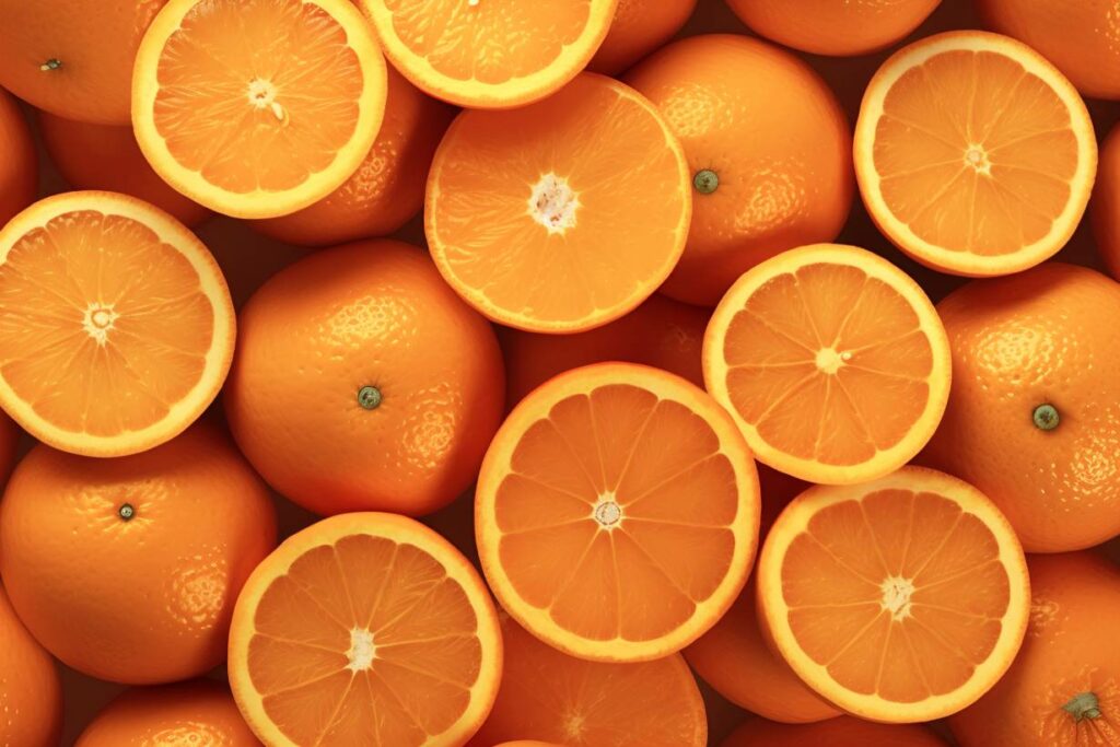 Whole and half oranges.