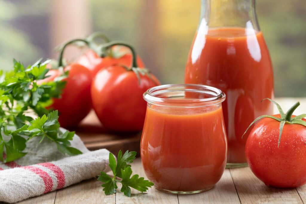 A glass of tomato juice next to whole red tomatoes.