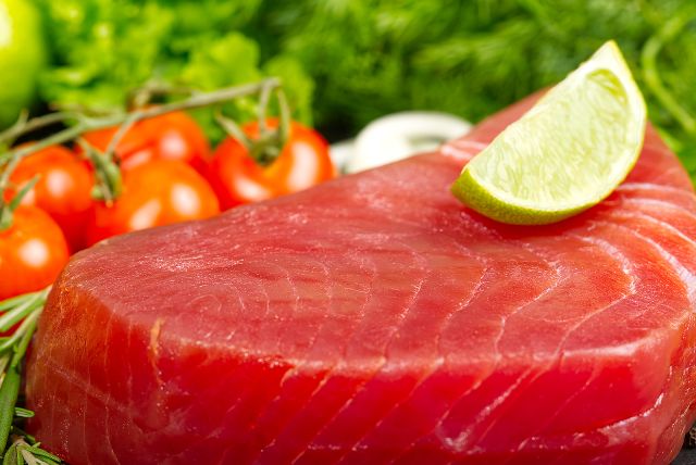 A large yellowfin tuna steak.