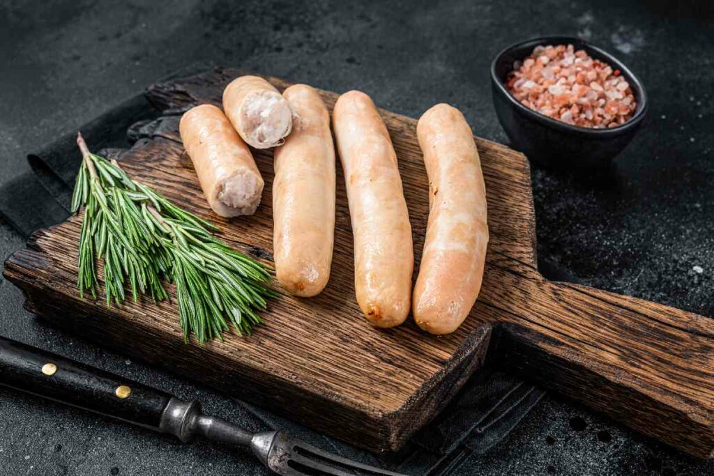 Turkey sausages on a wooden board.