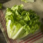 Fresh escarole on a cloth on a wooden table.