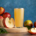 A glass of cloudy apple juice surrounded by fresh apples.