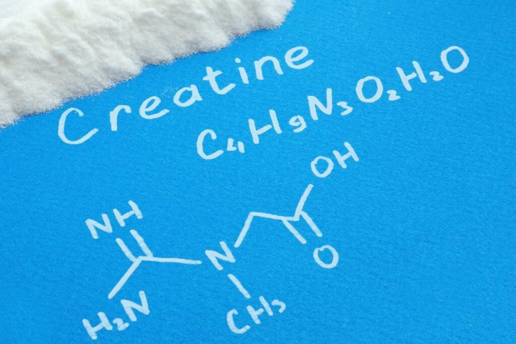 Creatine monohydrate powder and the chemical structure of creatine.