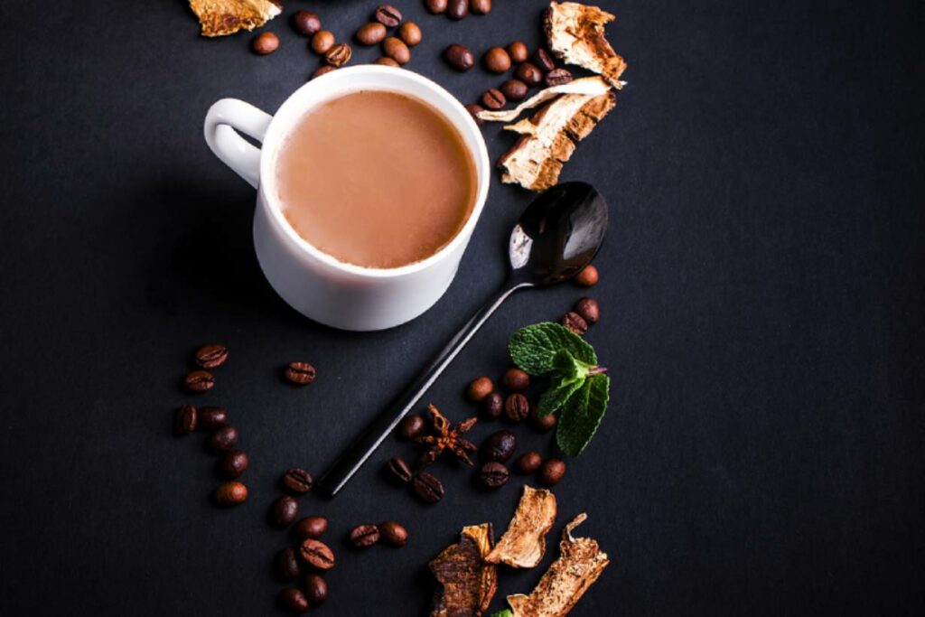 Mushroom coffee in a white cup.