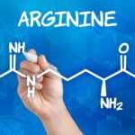 The structure of arginine, a conditionally essential amino acid.