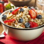 A bowl of porridge featuring berries and nuts.