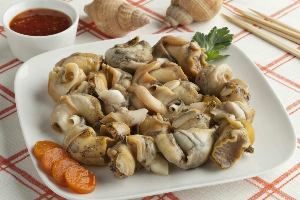 Cooked whelk on a plate.