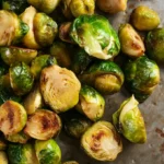 Roasted Brussels sprouts on a tray.