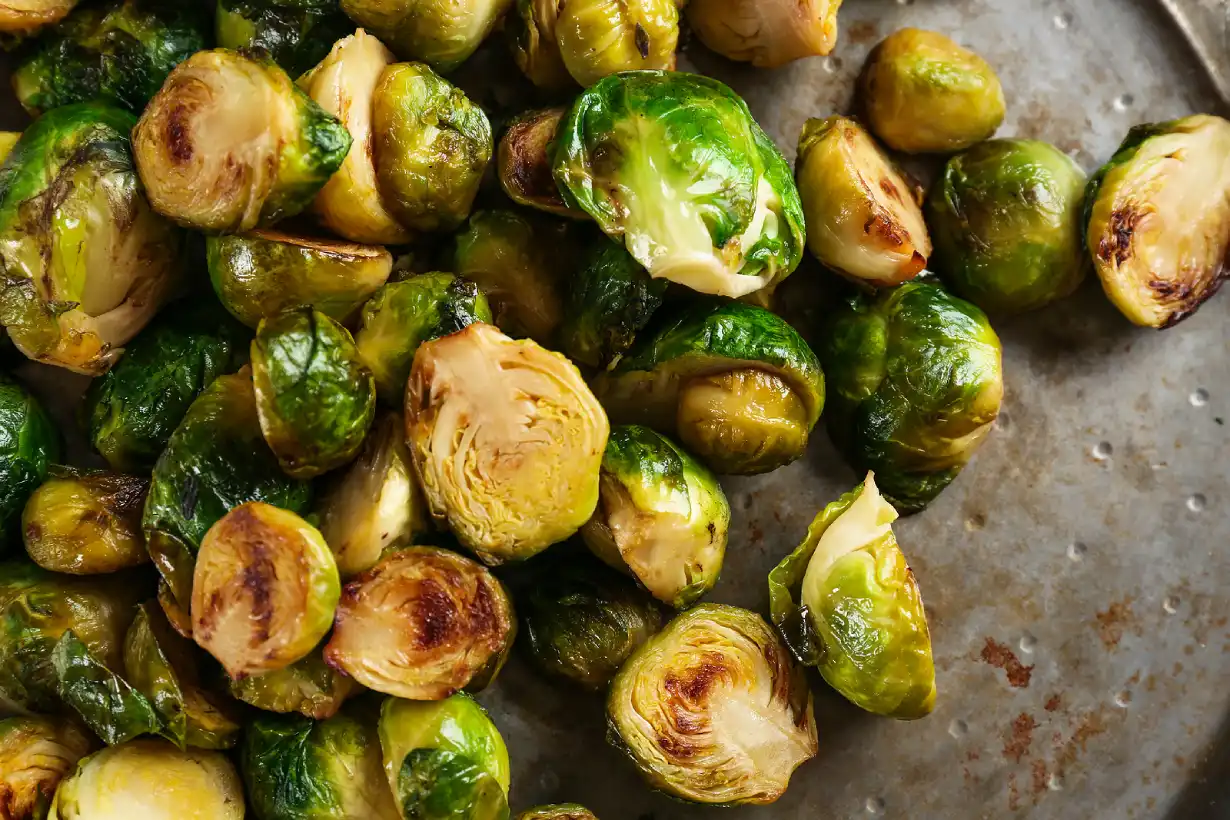 Roasted Brussels sprouts on a tray.