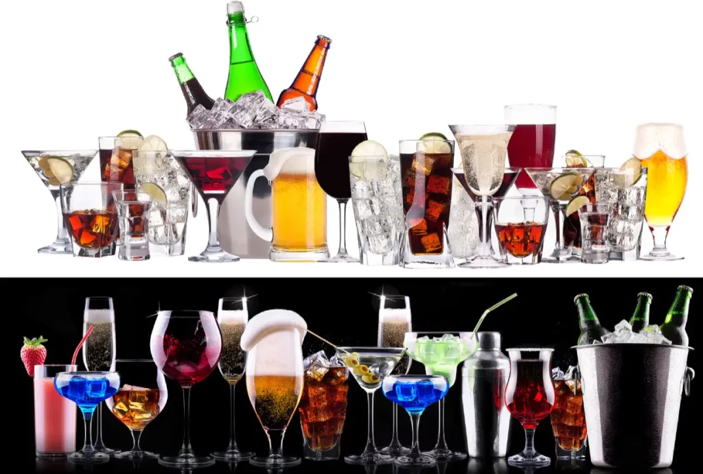 Various alcoholic drinks displayed in a line next to each other.