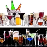 Various alcoholic drinks displayed in a line next to each other.