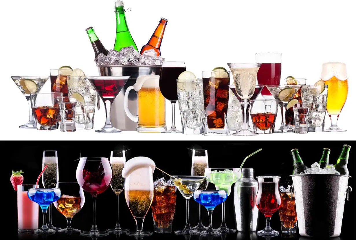 Various alcoholic drinks displayed in a line next to each other.
