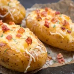 Baked potato topped with bacon, cheese, and sour cream.