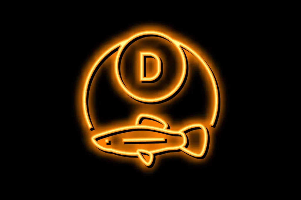 Fish graphic next to a D sign, representing vitamin D.