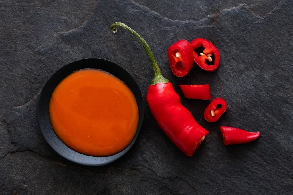 Hot sauce in a small black dish next to a chopped red chilli pepper.