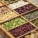 Many different legumes in a wooden compartment tray box.