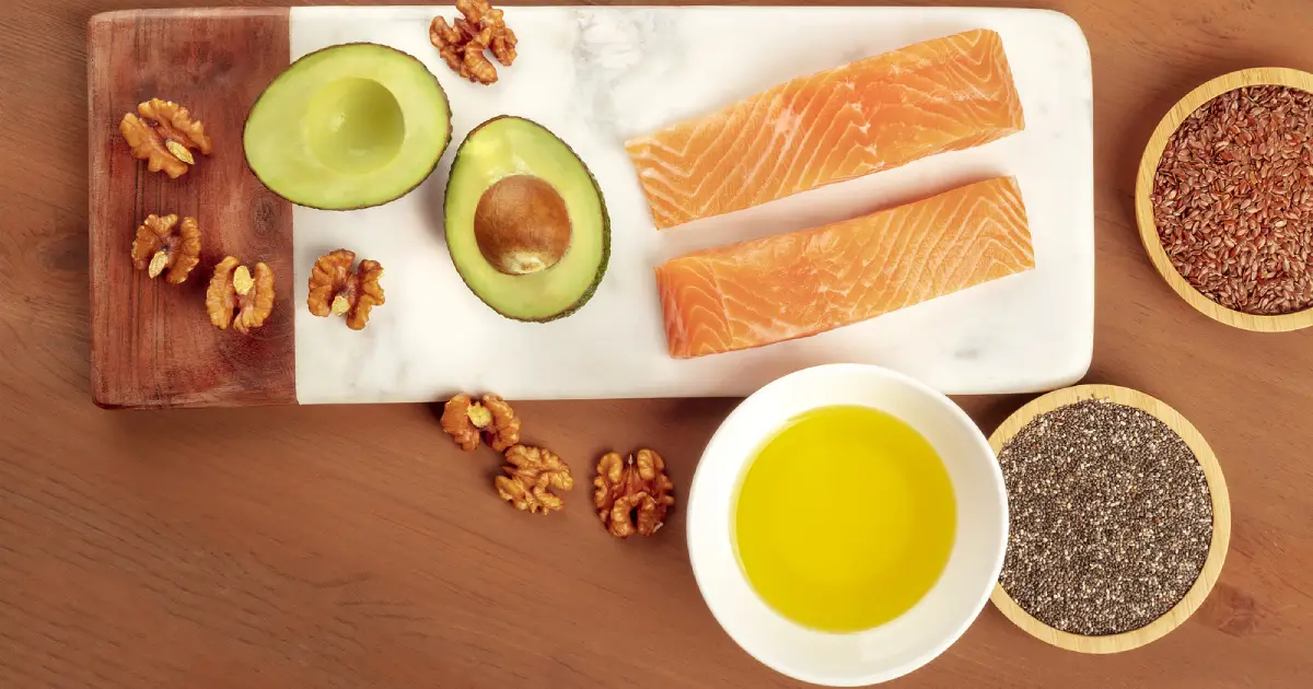 Foods high in omega-3, including chia seeds, salmon, Canola oil, walnuts.