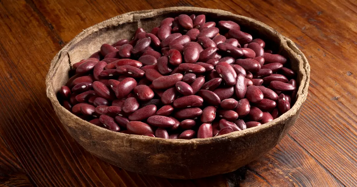 A wooden bowl full of raw red kidney beans.